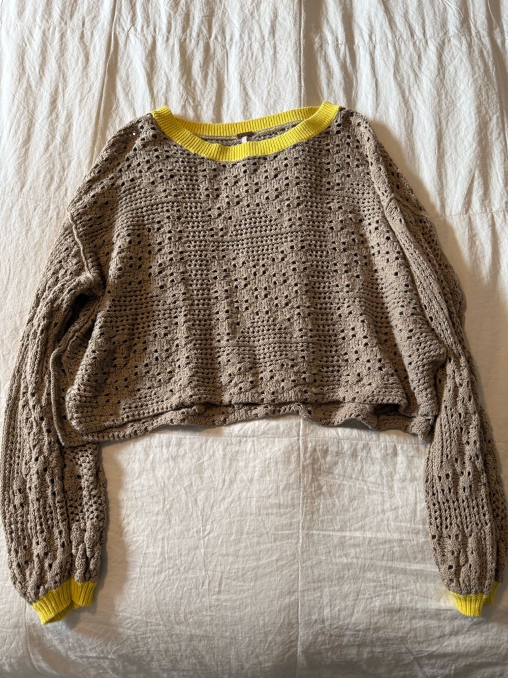 Free People Crocheted Taupe Top with Yellow Ribbed Trim